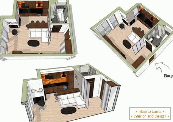 O plano de um pequeno apartamento de 34 metros quadrados. m.