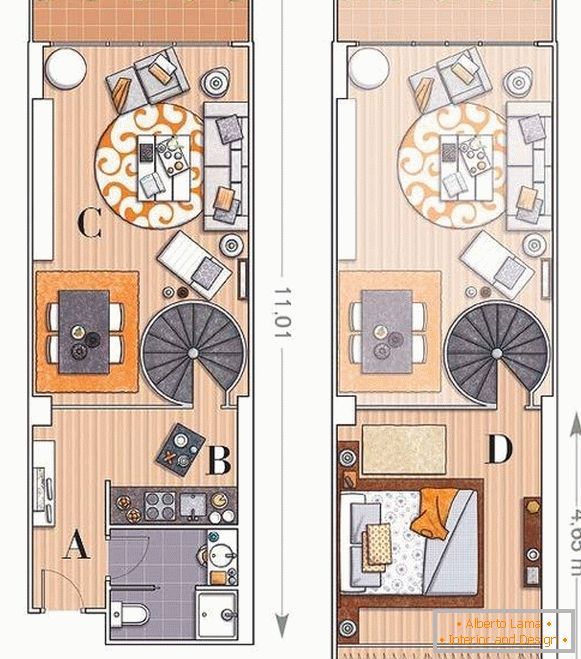 O layout de um apartamento de dois andares
