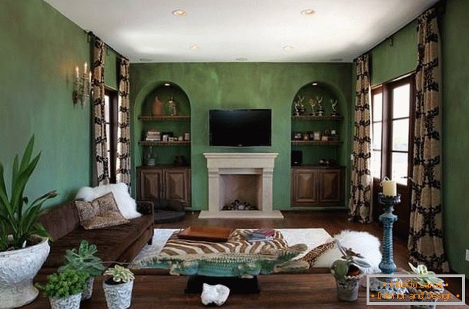 Sala de estar na cor verde e marrom