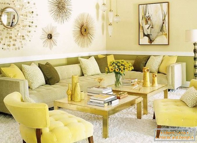 Moderna sala de estar em amarelo e verde