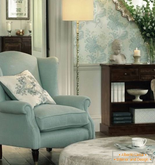Design de sala de estar na cor azul claro