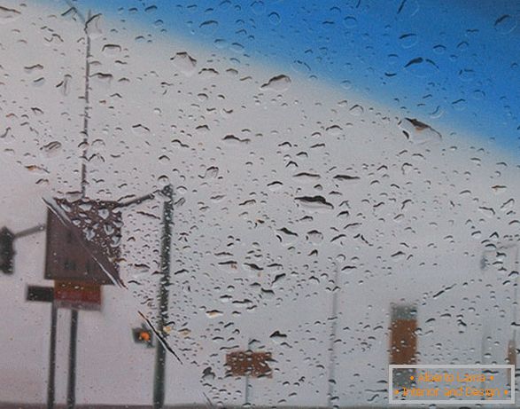 Vista do carro na chuva, pintura a óleo