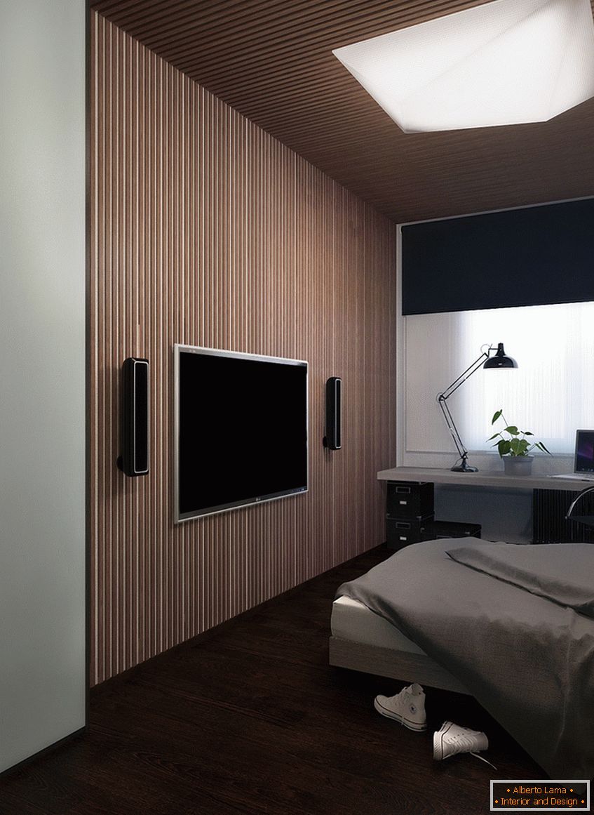 Exemplo de design de interiores de um pequeno quarto na foto