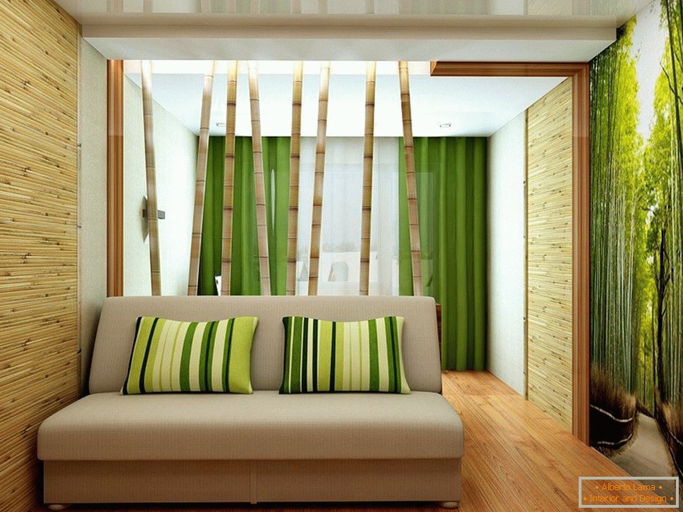 Troncos de bambu atrás do sofá