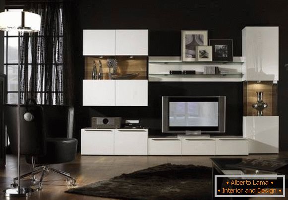 Papéis de parede pretos para móveis modulares brancos na sala de estar