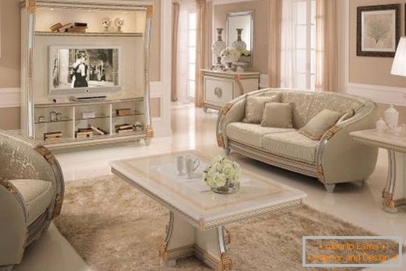 Design clássico da sala de estar com móveis brancos - foto