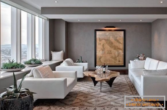 O design da sala de estar com móveis brancos - uma foto com paredes cinzentas