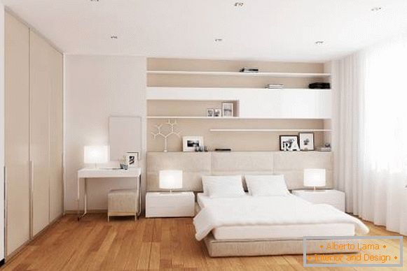 Design moderno de um quarto branco com um piso quente
