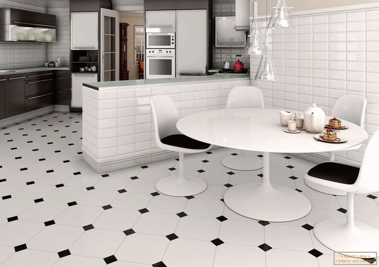 Azulejos brancos e pretos no chão da cozinha
