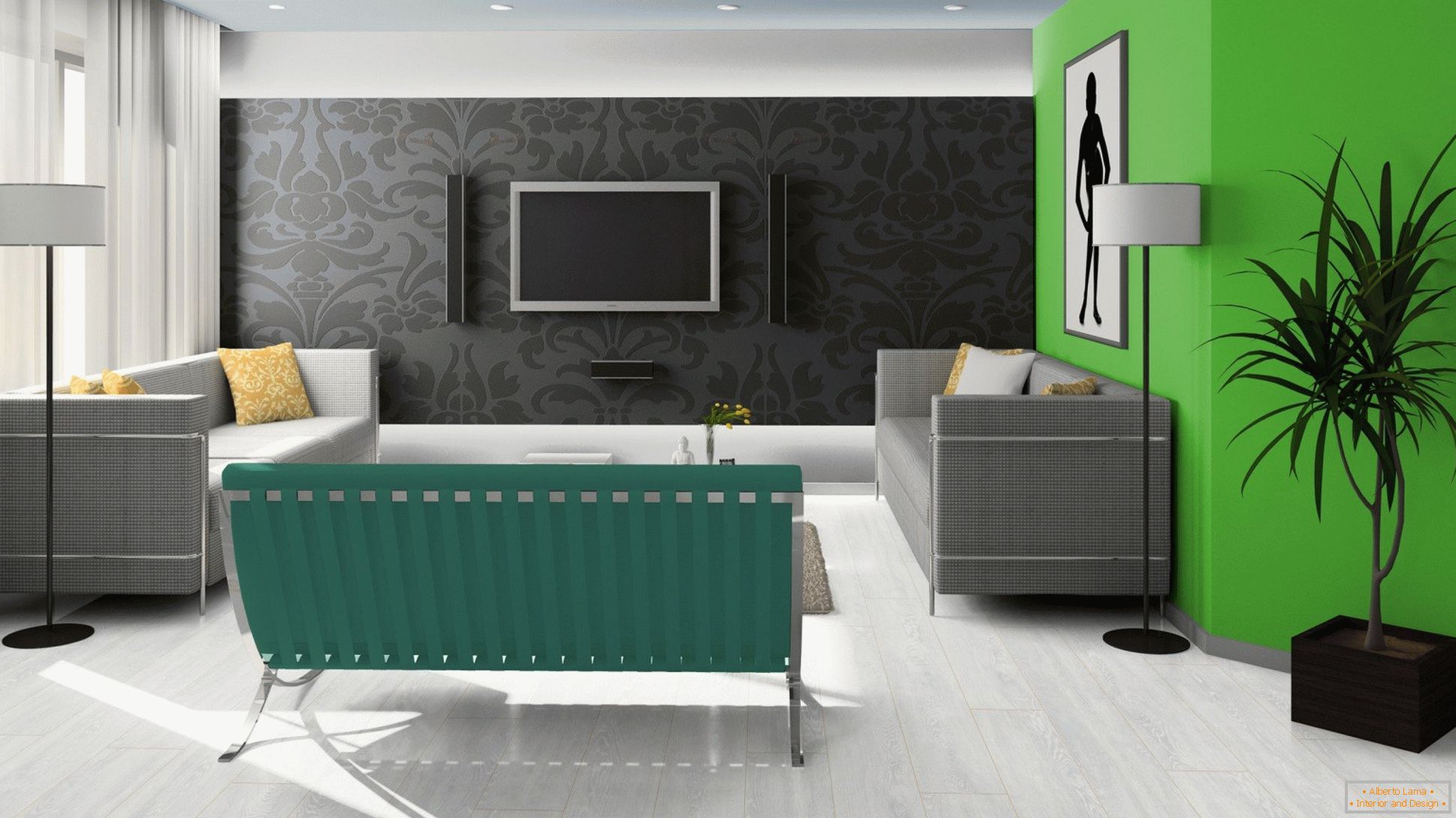 Preto, verde e branco no design da sala de estar