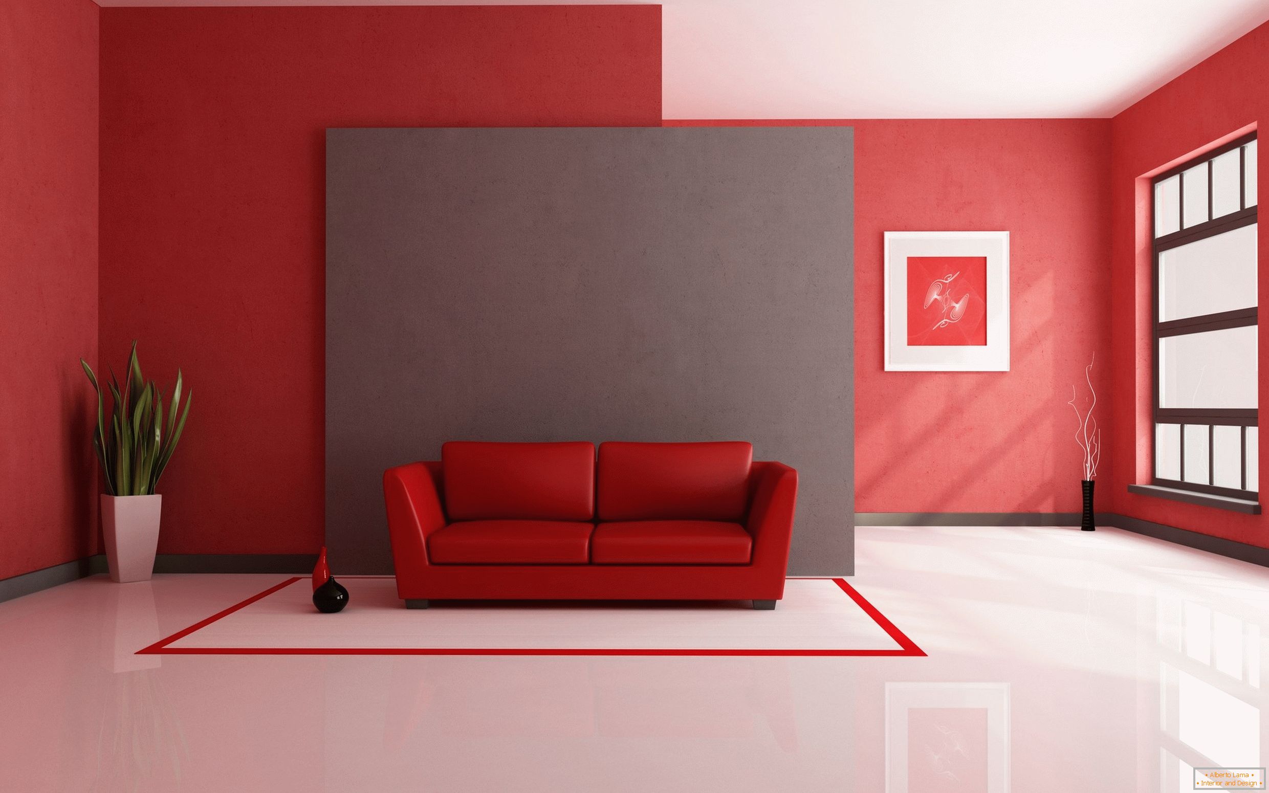 Chão branco em combinação com materiais de acabamento vermelhos e itens de interior
