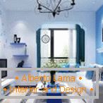 Chão branco em combinação com tons de azul de materiais de acabamento e itens de interior