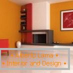 A combinação de laranja, vermelho e branco no design da sala de estar
