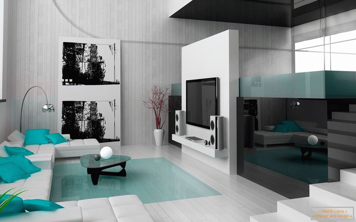 Sala de estar em cores preto e branco com itens interiores turquesa