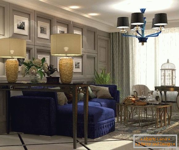 Design da sala de estar com decoração dourada e azul