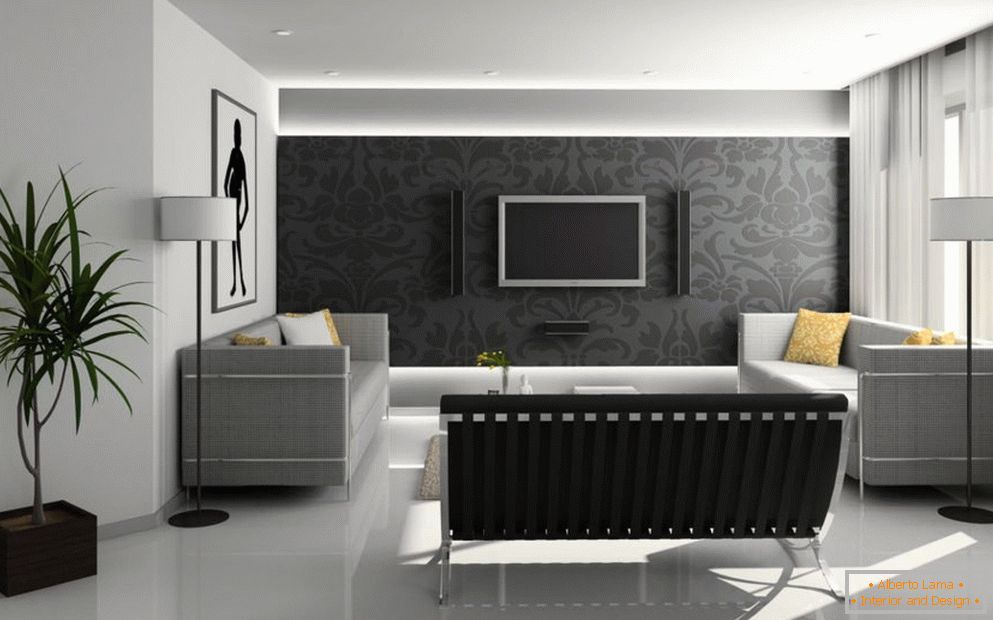 Sala de estar em estilo high-tech com lâmpadas