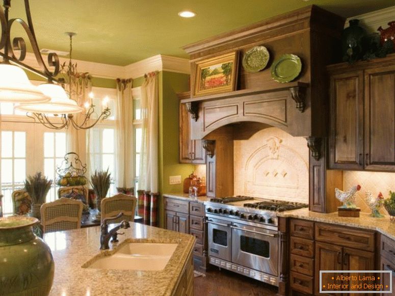 impressionante-francês-país-cozinha-interior-casa-design-com-marrom-madeira-cozinha-armário-chique-idéias-na-parede-e-creme-mármore-pedestal-on-the-table-também- creme-tecido-cortina-na-janela-com-francês