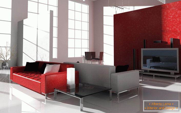 A cor escarlate contrastante no estilo high-tech é interessante e precisa. O sofá vermelho brilhante nas pernas cromadas é ideal para decorar um interior moderno.