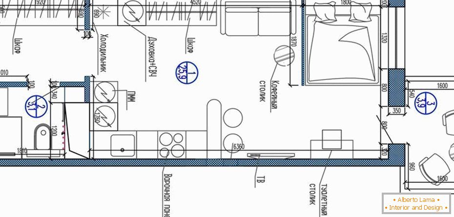 Plano apartamento-estúdio de 25 a 30 metros quadrados. m.