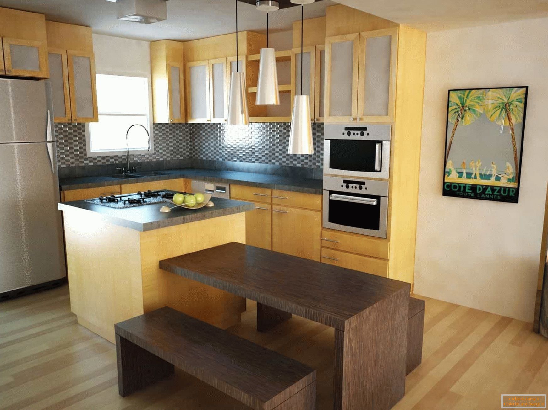 Cozinha de canto com janela com mesa e bancos em estilo ecológico
