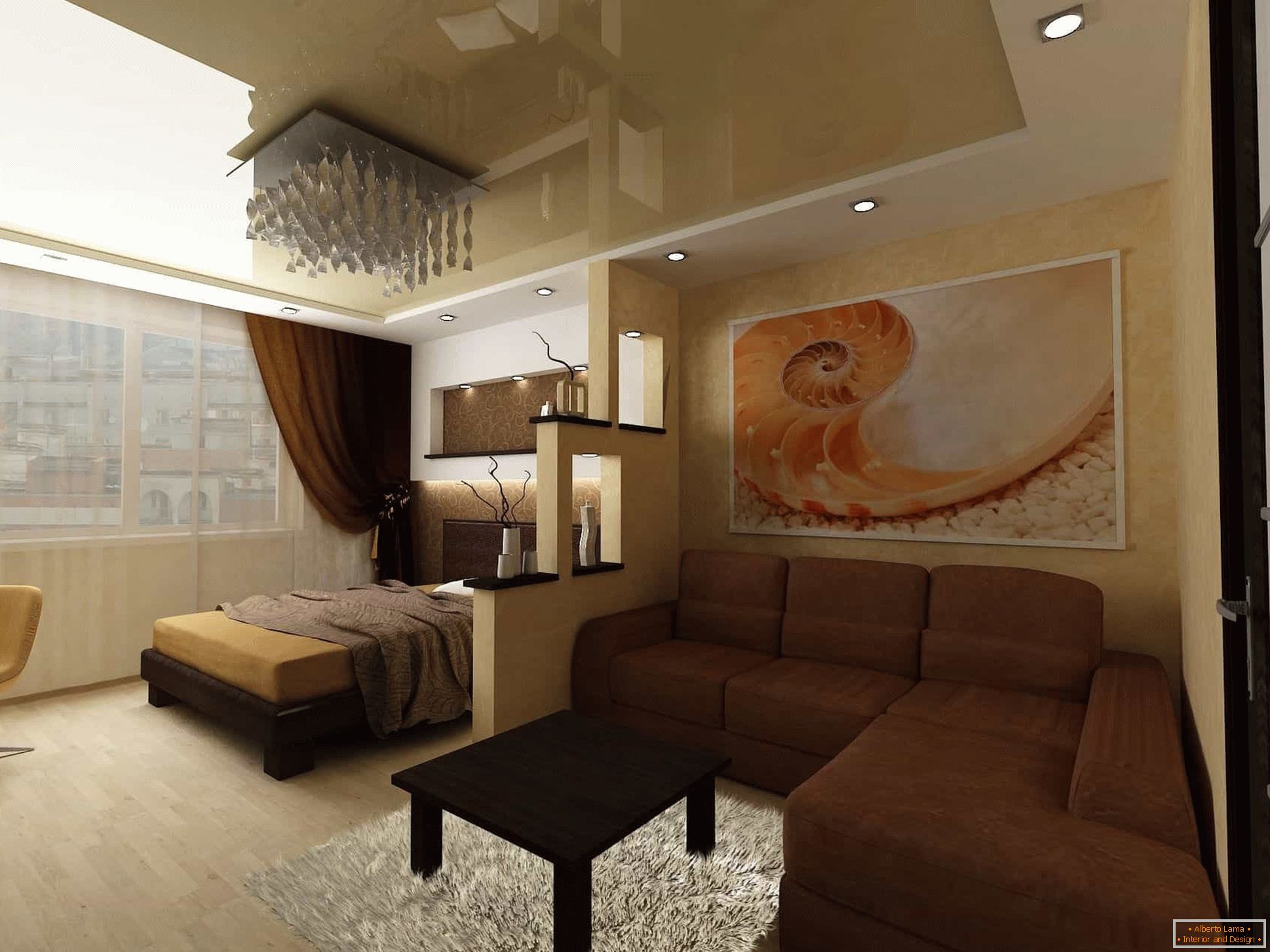 Design de sala de estar 18 кв. м. совмещенная со спальней