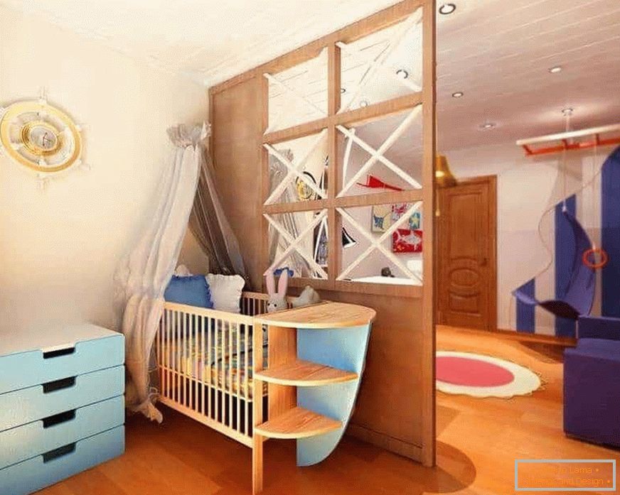 Divisória de madeira em um quarto da sala de estar e quarto de crianças