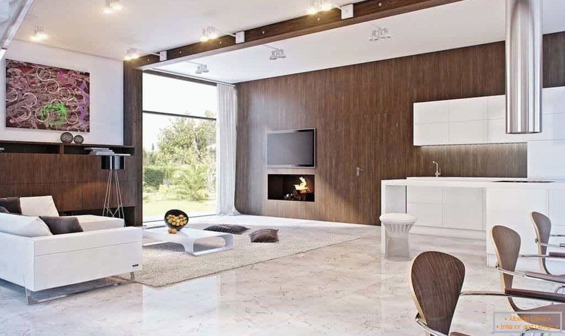 A sala de estar pode ser decorada em estilo moderno e em uma casa de madeira