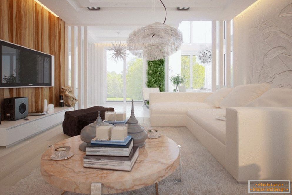 Cores claras no interior da sala de estar no estilo do minimalismo