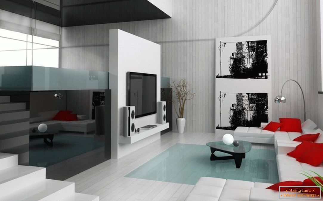 Chão brilhante na sala de estar em estilo minimalista
