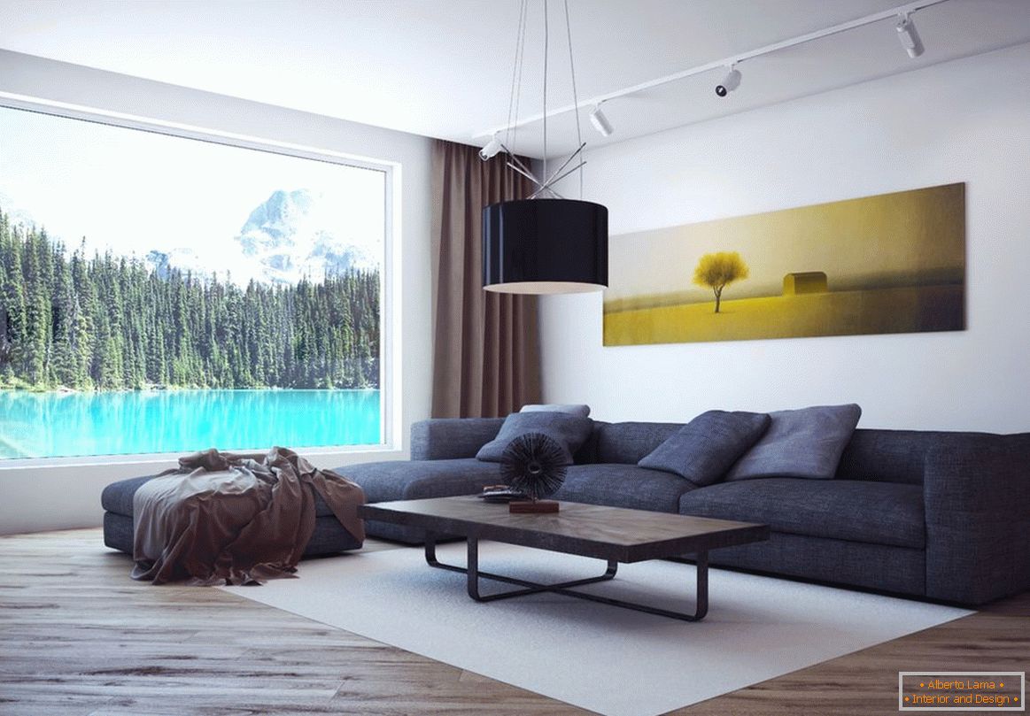 Paredes brancas na sala de estar em estilo minimalista