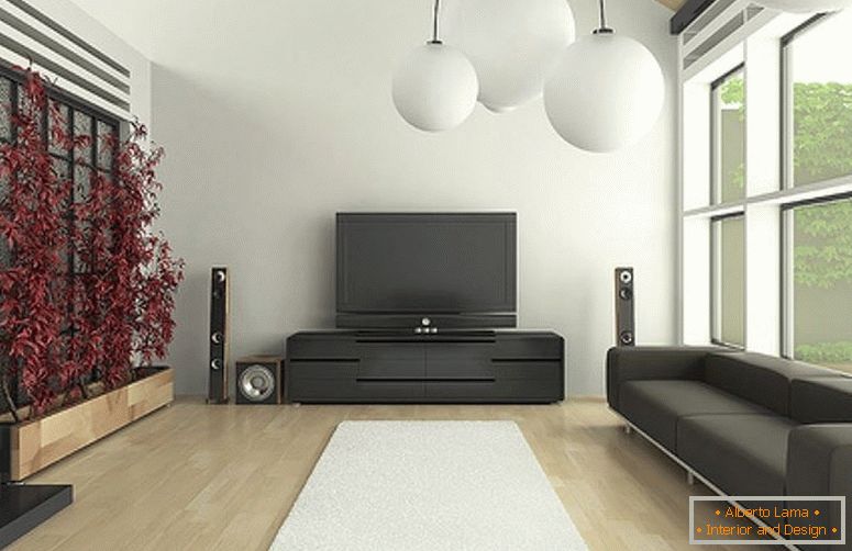 Móveis escuros na sala de estar em estilo minimalista