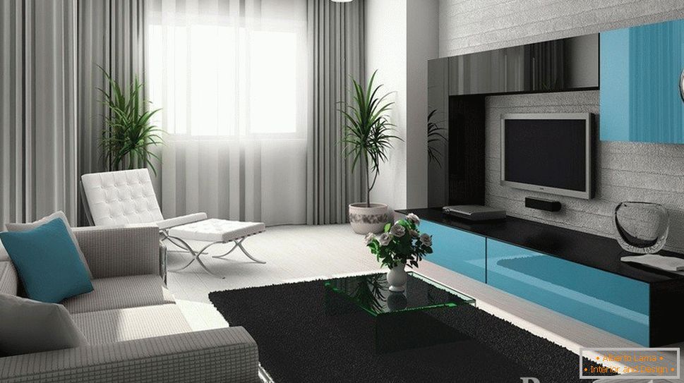 Interior cinza-azul da sala de estar