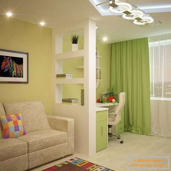 O design interior do apartamento é de 40 metros quadrados em cores brilhantes
