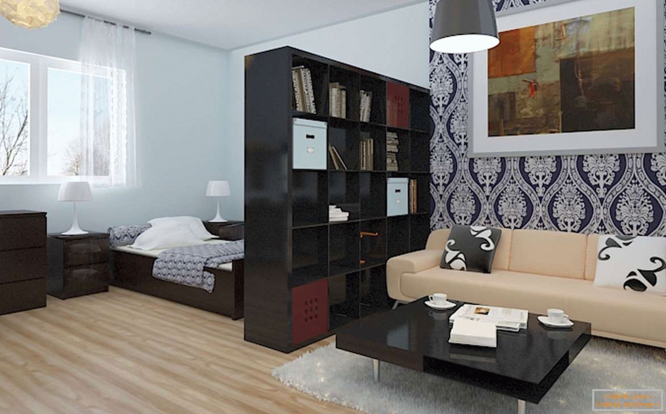 Foto de um interior de um quarto e uma sala de estar em apartamento de 1 quarto