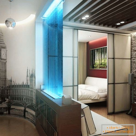 Design de interiores de um apartamento de 40 m2 com divisórias deslizantes