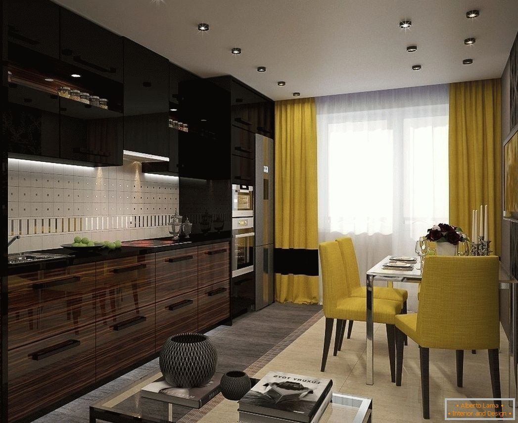 Interior de cozinha preto e amarelo