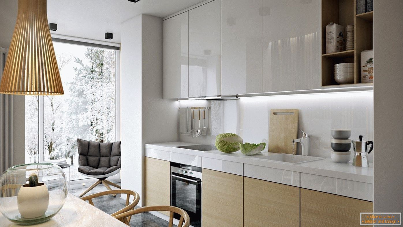 Cozinha linear с панорамным окном