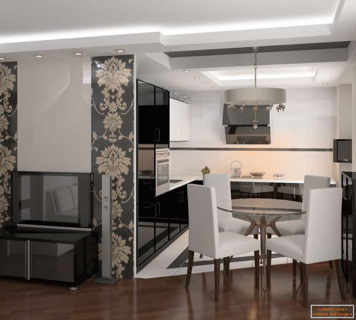 Design do salão combinado com uma pequena cozinha