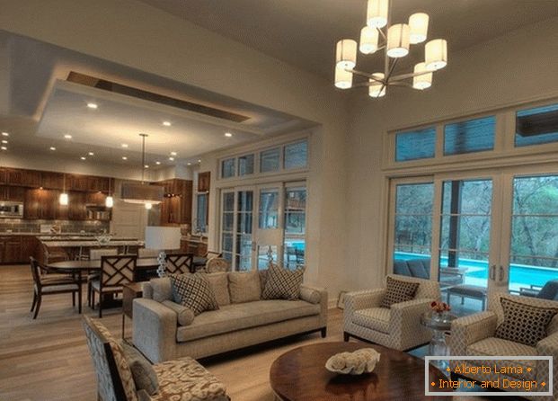 cozinha design sala de estar com janelas panorâmicas фото