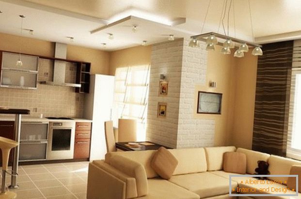 projeto de uma sala de estar aconchegante cozinha em uma casa privada Foto