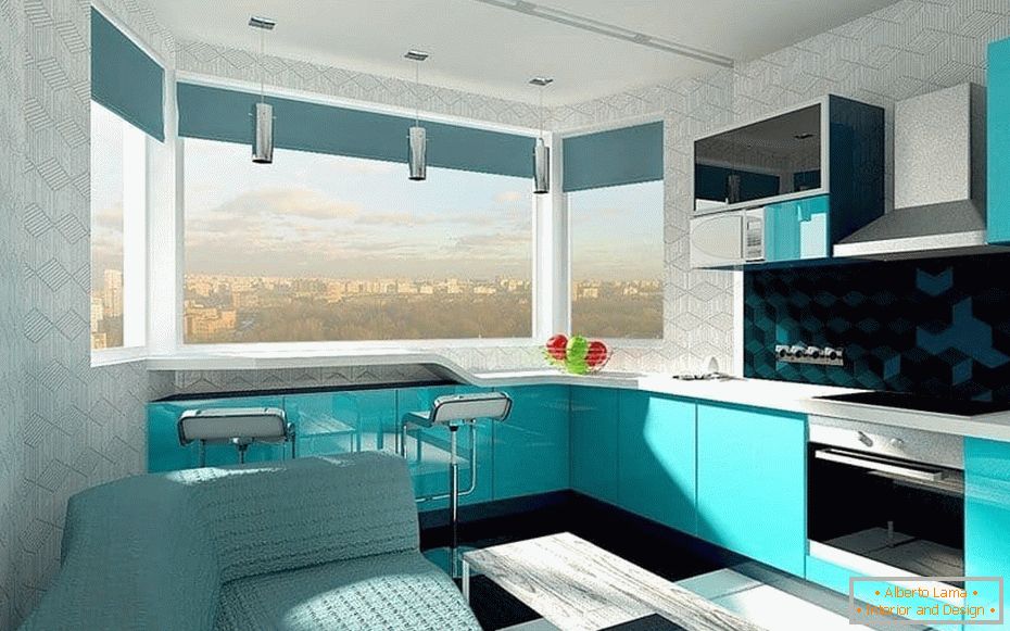 Projeto de design de cozinha em uma cor de baga com uma janela de sacada com um balcão de bar na janela