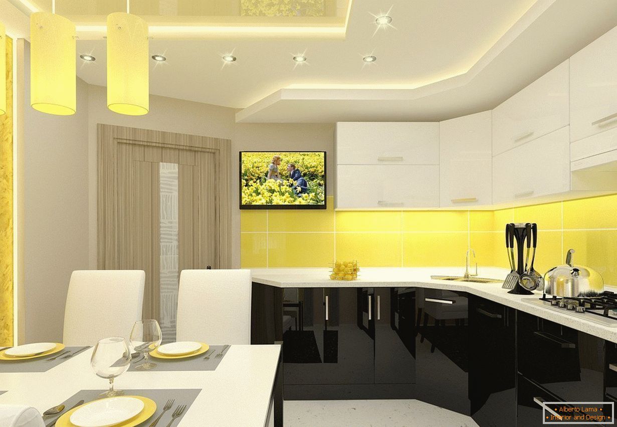 Interior amarelo-branco da cozinha no apartamento