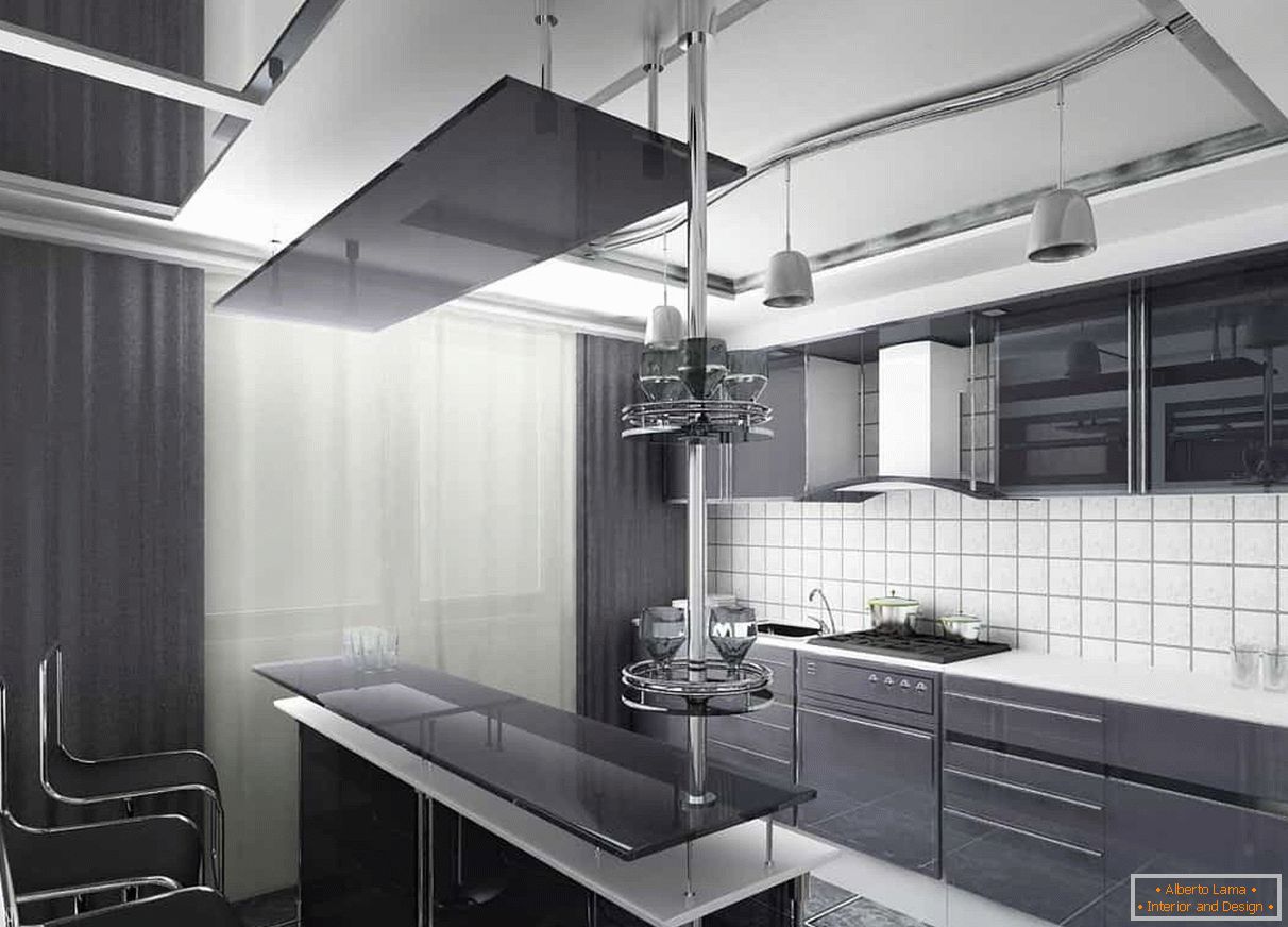 Cortinas escuras e uma fachada escura da cozinha combinada com um avental branco e teto