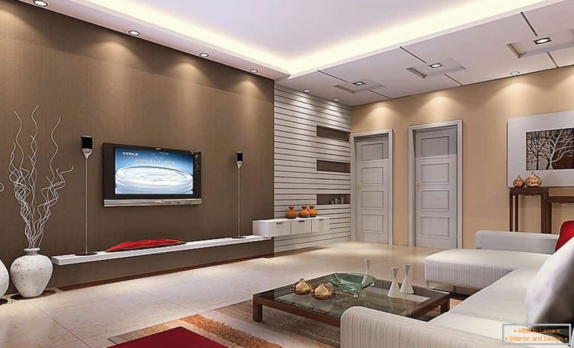 Uma espaçosa sala de estar de forma quadrada em estilo high-tech