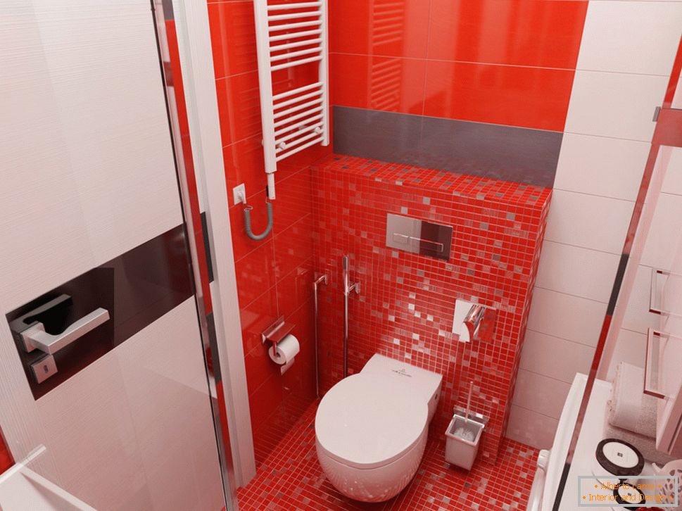 Design de banheiro com detalhes em vermelho
