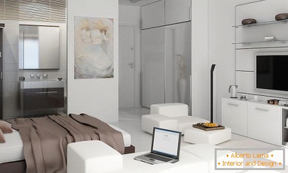 Apartamento estúdio de design de 25 m² na cor branca e cores claras