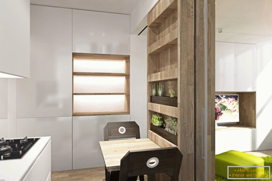 Transformador de design de apartamento: cozinha com área de jantar