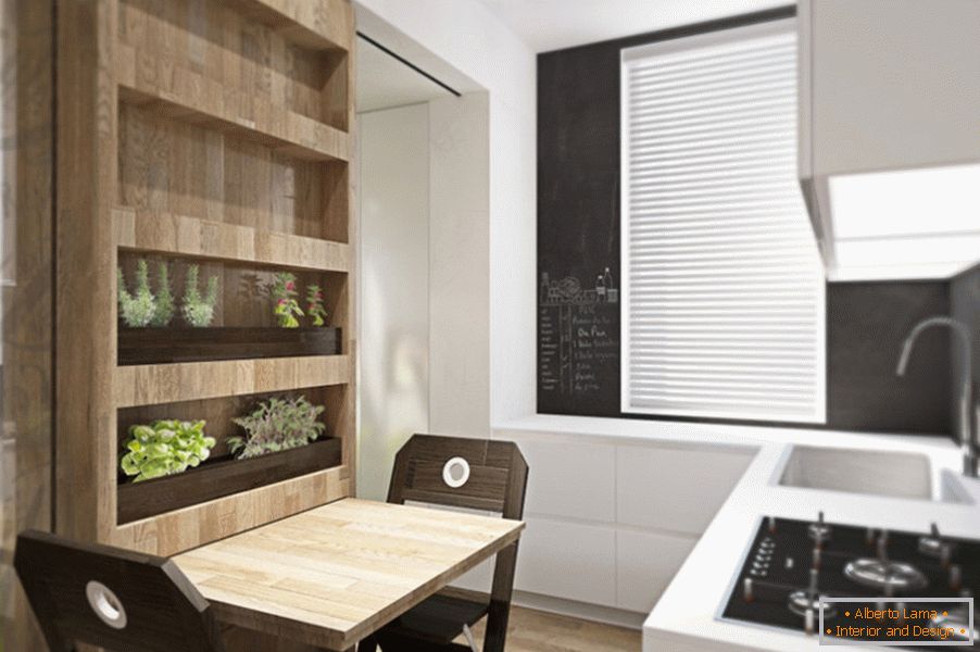 Transformador de design de apartamento: um rack com plantas na cozinha