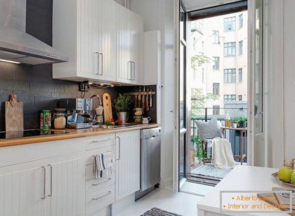 Design moderno de uma pequena cozinha em preto e branco