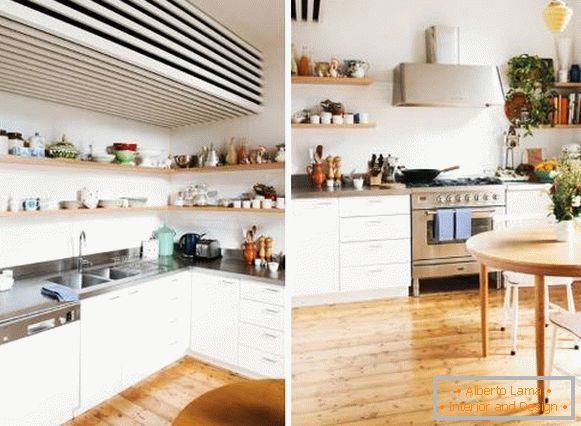 Design de cozinha escandinava em Khrushchev - na foto com prateleiras abertas